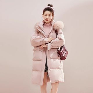 雪中飞25秋冬韩版热销女廓形狐狸毛长羽绒服厚外套粉色甜美 165/88A