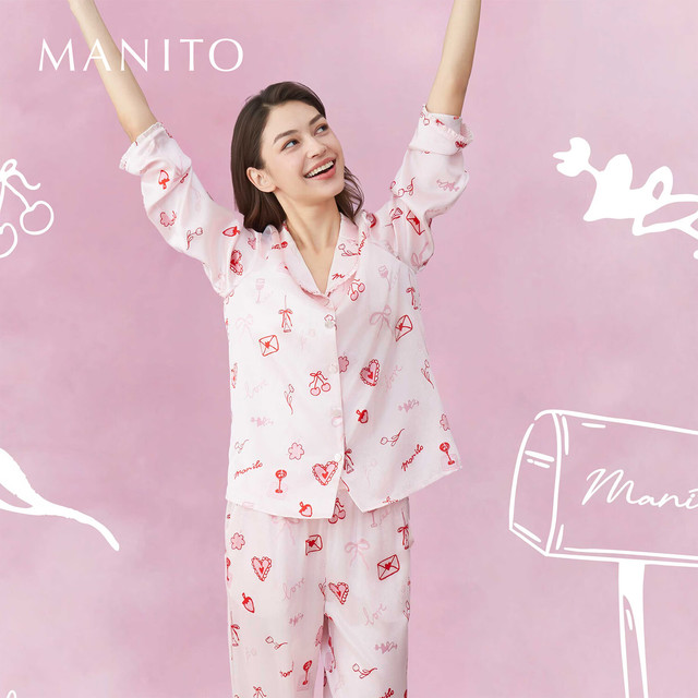 MANITO 曼尼陀 Love Notes 女士桑蚕丝睡衣套装樱桃爱心 樱桃粉 S