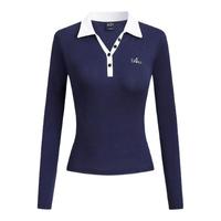 A21女装针织修身翻领半开筒长袖T恤收腰撞色弹力半开领打底衫上衣