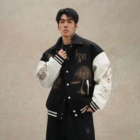 鹿家门 原创毛呢加厚棒球服男士秋冬重工运动外套宽松大码保暖棉服