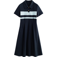初语撞色条纹短袖polo裙女2024夏季复古减龄宽松连衣裙长裙 藏青色 M