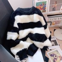 零柒零捌仿貂绒毛衣女秋冬宽松慵懒风加厚条纹中长款针织衫