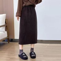 加厚雪尼尔开衩半身裙女2025秋冬高腰黑色中长款加绒灯芯绒一步裙 M