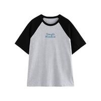 初语美式撞色插肩袖字母T恤女2025年夏季纯棉上衣 黑色-花灰-单纯 L