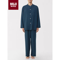 無印良品 MUJI男式 无侧缝法兰绒立领长袖睡衣男士家居服 深藏青色条纹 XL