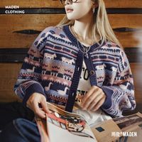 马登 MADEN动物图案复古宽松加厚费尔岛针织提花毛衣开衫外套上衣女秋冬