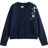 初语花灰色毛衣开衫女2025春季花朵绣花保暖针织衫小外套 藏青色 XL