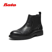 Bata切尔西靴男2025冬季商场英伦风牛皮粗跟短筒靴29692DD5 黑色-绒里 38