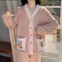 有只绵睡衣女冬季加绒加厚甜美蝴蝶结保暖珊瑚绒居家服小香风套装 彩虹套装-粉色 L 80-120