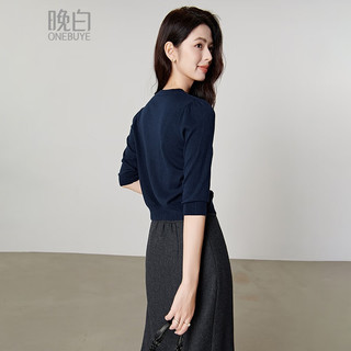 晚白2026春季含羊毛优雅上衣气质舒适贵气短针织开衫女 深蓝色 M