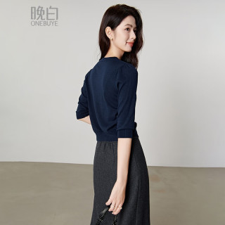 晚白2026春季含羊毛优雅上衣气质舒适贵气短针织开衫女 深蓝色 M