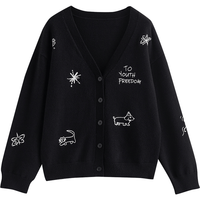 初语针织衫女2025秋季新款V领开衫卡通萌宠刺绣显瘦外套 黑色