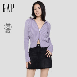 Gap 女装秋季logo肌理修身拉链纯棉连帽针织衫 紫色