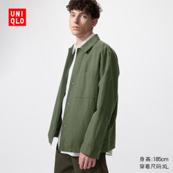优衣库 男装女装棉麻衬衫式茄克/长袖外套夹克482443 57 深橄榄色 XS