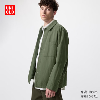 优衣库 男装女装棉麻衬衫式茄克/长袖外套夹克482443 57 深橄榄色 XS