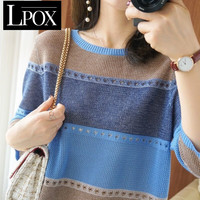 LPOX女装新款七分袖针织衫女上衣韩版圆领宽松撞色条纹镂空衫打底衫 蓝色
