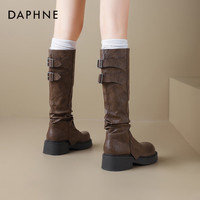 达芙妮（DAPHNE）长筒靴女2025秋冬季新款棕色西部牛仔靴子美拉德堆堆靴复古骑士靴 棕色 37