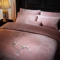 艾维 新中式国风刺绣牛奶绒四件套高克重保暖加厚被套床单床上用品秋冬