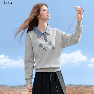 百图（betu）女装2025年秋季卫衣趣味撞色字母绣花牛仔拼接上衣女2509T59 灰色 L