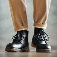 马登 MADEN英伦风经典6孔马丁靴男秋冬高帮工装靴男士黑色休闲皮鞋 黑色 【开边珠牛皮/光面易打理】 43