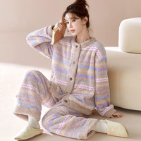雅鹿复古高级感暖绒保暖女珊瑚绒家居服可外穿甜美法兰绒秋冬睡衣 NSJLY-KS252芋泥紫圆领费尔岛女 L (体重100-120斤)