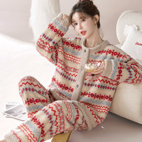 雅鹿复古高级感暖绒保暖女珊瑚绒家居服可外穿甜美法兰绒秋冬睡衣 NSJLY-KS252秋霜红圆领费尔岛女 L (体重100-120斤)