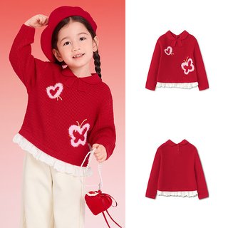 巴拉巴拉童装女童毛衣儿童2026秋冬装红色针织衫宝宝拜年服潮 新年红【福结暖衣】