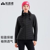 拓路者 拼接连帽90鸭绒羽绒服女冬季防风保暖收腰修身显瘦女士羽绒外套男 黑色 M