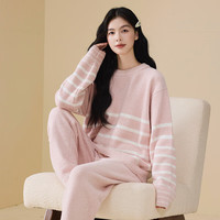 雅鹿睡衣女秋冬季半边绒2025年冬天女士加绒加厚家居服保暖可外穿 NSMLZ-圆领条纹套装-粉色 L 【体重100-125斤】