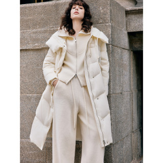 ELLE90白鸭绒米白色长款连帽羽绒服女2024冬季新款优雅加厚外套 米白