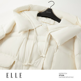ELLE90白鸭绒米白色长款连帽羽绒服女2024冬季新款优雅加厚外套 米白