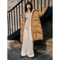 ELLE 90白鸭绒米白色长款连帽羽绒服女2024冬季优雅加厚外套 深卡其 M