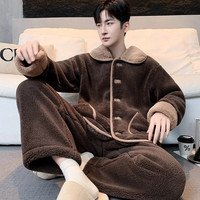 雪中飞睡衣男士秋冬季加绒加厚珊瑚绒2026年大码可外穿家居服套装 NSJLY-KS37摩卡棕拼色领雪花绒男 XL 【130-150斤】