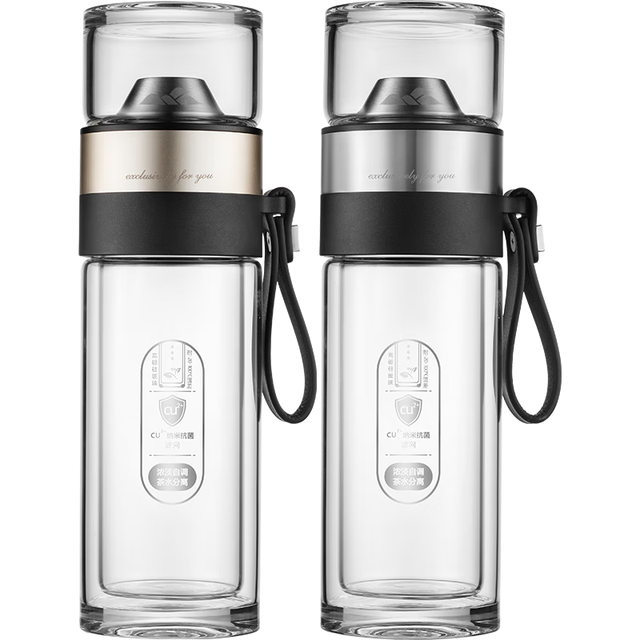 富光 山丘抗菌泡茶杯 双层玻璃杯 茶水分离杯 商务办公泡茶水杯子 抗菌茶水分离杯-金色