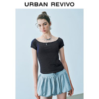 UR2025秋季新款女装时髦设计感撞色条纹修身短袖T恤UYY450241 墨蓝条纹