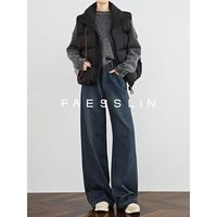 FAESSLIN【原生大长腿】高个子加长牛仔裤女冬加绒加厚宽松阔腿裤 复古蓝