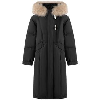 LAGOGO行走小暖炉貉子毛领羽绒服女拉谷谷2025冬黑色长款外套