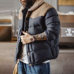 马登 工装 美式复古撞色绒领90白鸭绒羽绒服翻领保暖夹克外套男秋冬