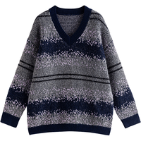 初语仿牛绒毛衣女2025冬季新款费尔岛提花宽松中长款上衣 藏青灰