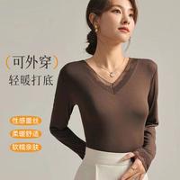 鳄鱼恤 高级感性感V领打底t恤蕾丝螺纹内搭长袖内衣打底衫春秋可外穿
