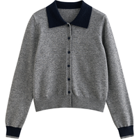 初语撞色拼色POLO领针织衫女25新款小香风修身简约毛织开衫 花灰色