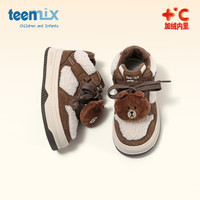 天美意（TEENMIX）童鞋2025冬季新款女童加绒卡通熊兔子高帮运动鞋保暖休闲鞋棉鞋 棕色