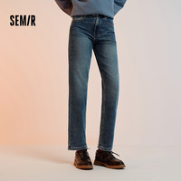 森马(Semir)森柔牛仔|牛仔裤女抓毛长裤女生冬季半松紧腰直筒裤美式休闲 牛仔黄泥染80325