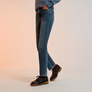 森马（Semir）森柔牛仔|牛仔裤女抓毛长裤女生冬季半松紧腰直筒裤美式休闲 牛仔黄泥染80325