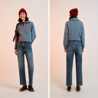 森马（Semir）森柔牛仔|牛仔裤女抓毛长裤女生冬季半松紧腰直筒裤美式休闲 牛仔黄泥染80325