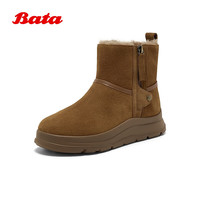 Bata雪地靴女2025冬商场牛皮羊毛保暖厚底百搭短靴AD149DD5 棕色 38