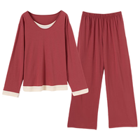 顶瓜瓜顶呱呱睡衣女纯棉圆领可外穿长袖家居服套装女海棠红165