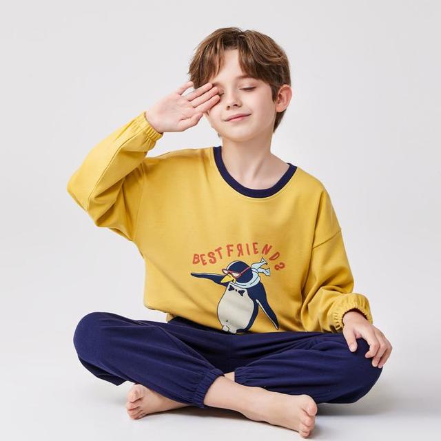 十月妈咪 儿童睡衣家居服套装纯棉薄款全棉春秋长袖男童中大童空调服