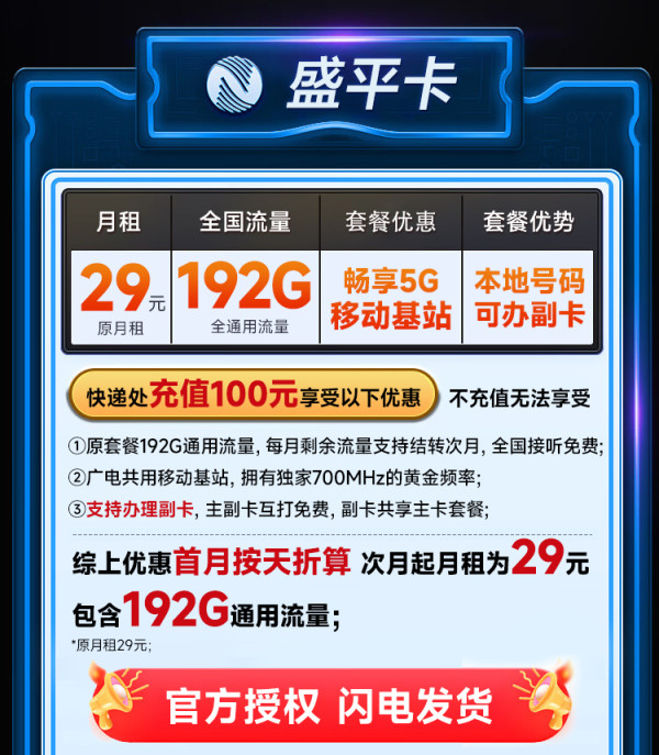 中国广电 本地归属地 长期29元月租(无需返费+222G通用流量+可办副卡+无合约期)畅享5G盛平卡