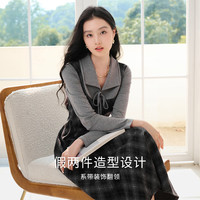 香影 X.YING复古格子假两件连衣裙女2026春季新款收腰拼接学院风中长裙子 深灰